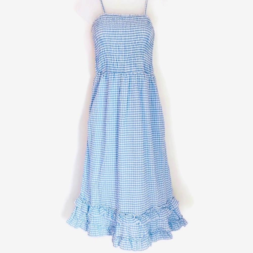 Gingham Midi Sun Dress Adjustable Spaghetti Straps with Ruffles on Hem